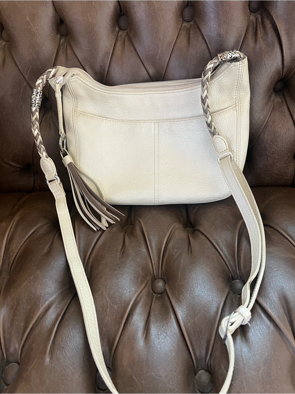 Brighton Cream Leather Crossbody with Braided Strap and Tassel